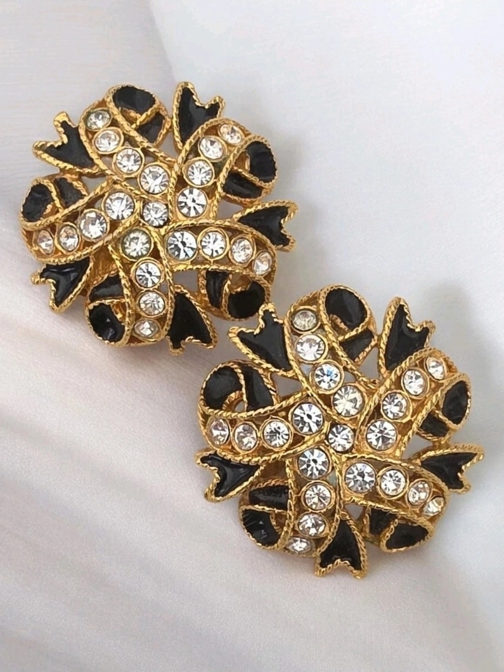Vintage St. John Black Enamel Rhinestone Ribbon Bow Statement Clip-On Earrings